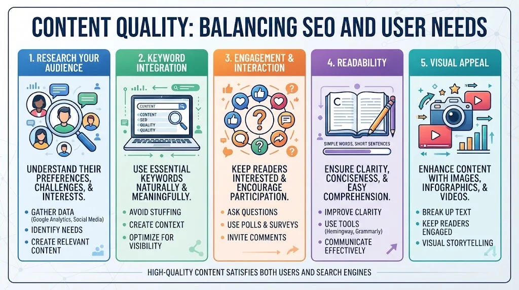 Infographic titled "CONTENT STRUCTURE ELEMENTS" detailing four key parts: 1. Introduction, 2. Main Body, 3. Visuals, and 4. Call to Action (CTA), complete with icons and brief descriptions.