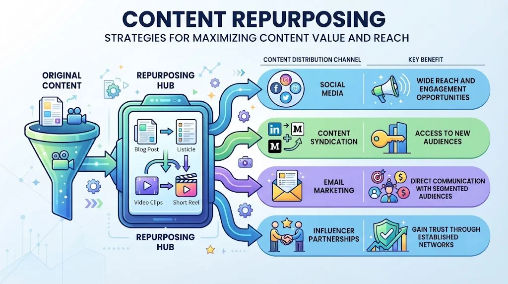 An infographic titled 'CONTENT REPURPOSING' illustrating a process where original content flows through a central hub to be distributed via Social Media, Content Syndication, Email Marketing, and Influencer Partnerships, each with their key benefits listed.