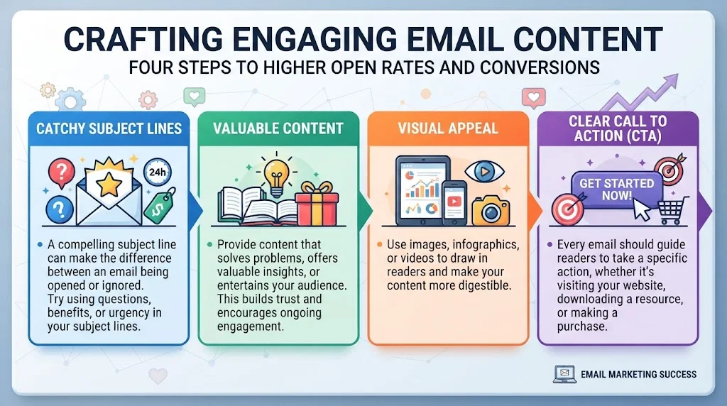 An infographic titled 'CRAFTING ENGAGING EMAIL CONTENT' outlining four steps: Catchy Subject Lines, Valuable Content, Visual Appeal, and Clear Call to Action (CTA), each with a descriptive icon and text.