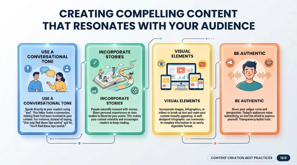 An infographic titled "CREATING COMPELLING CONTENT THAT RESONATES WITH YOUR AUDIENCE" displays four colored panels