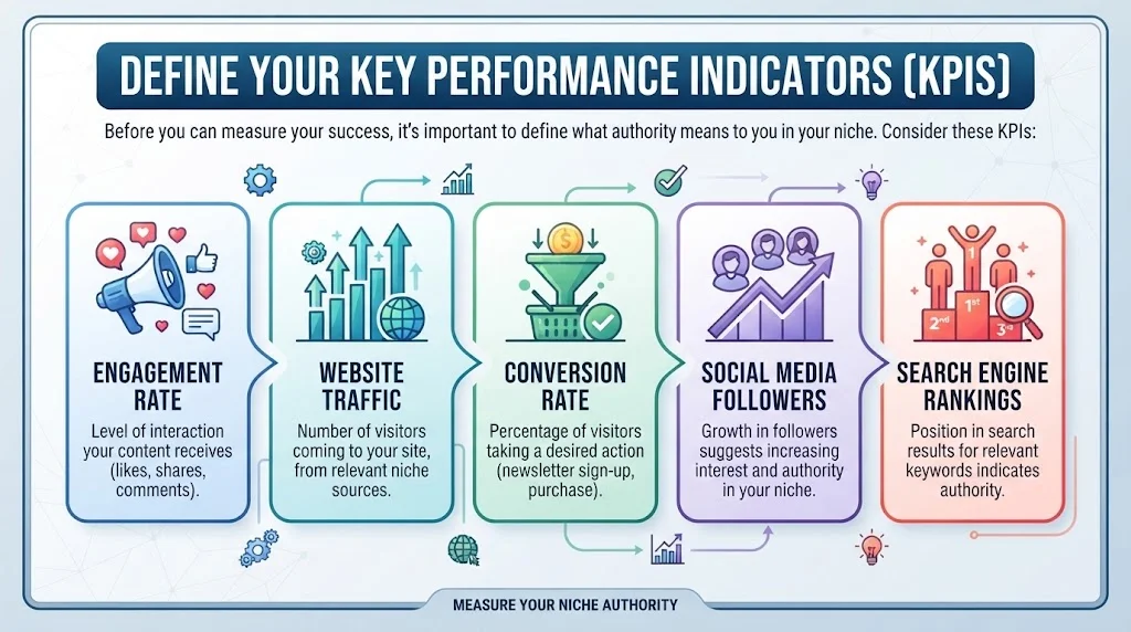 An infographic titled "DEFINE YOUR KEY PERFORMANCE INDICATORS (KPIs)" is displayed with five distinct sections