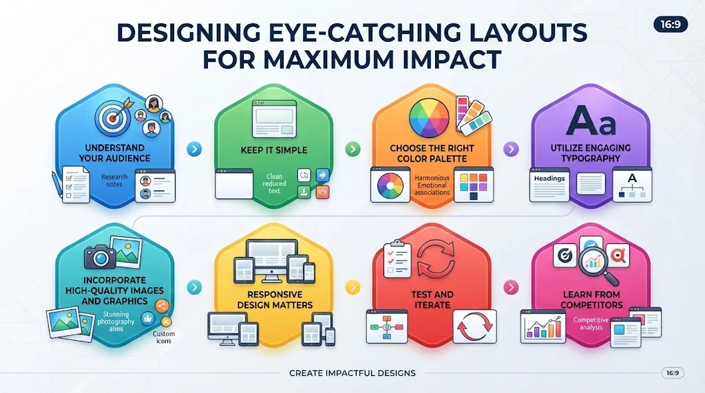 An infographic titled "DESIGNING EYE-CATCHING LAYOUTS FOR MAXIMUM IMPACT" displays eight hexagonal panels in two rows, connected by arrows.