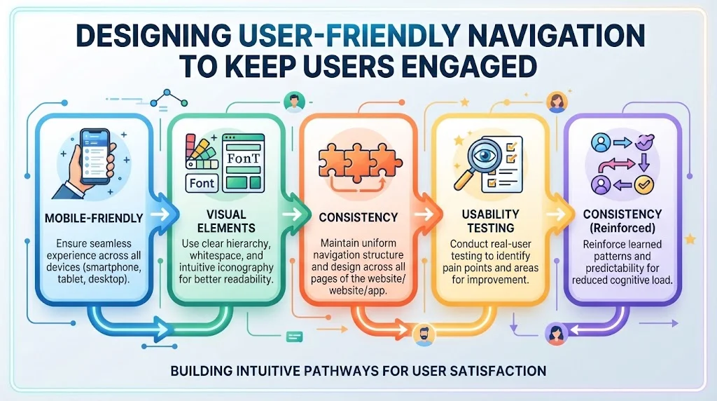 An infographic titled "Designing User-Friendly Navigation to Keep Users Engaged," featuring a five-step process: Mobile-Friendly, Visual Elements, Consistency, Usability Testing, and Consistency (Reinforced). It includes icons, descriptions for each step, and the tagline "Building Intuitive Pathways for User Satisfaction."