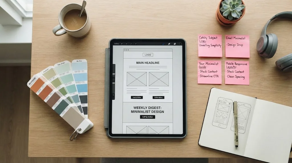 An overhead flat-lay shot of a modern wooden desk featuring a tablet with a minimalist newsletter wireframe, color swatches, sticky notes with design notes, a notebook, a coffee mug, headphones, and a small potted plant.