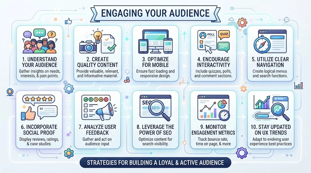 An infographic highlighting ten best practices for engaging an audience, including understanding user needs, optimizing for mobile, incorporating social proof, and monitoring metrics.