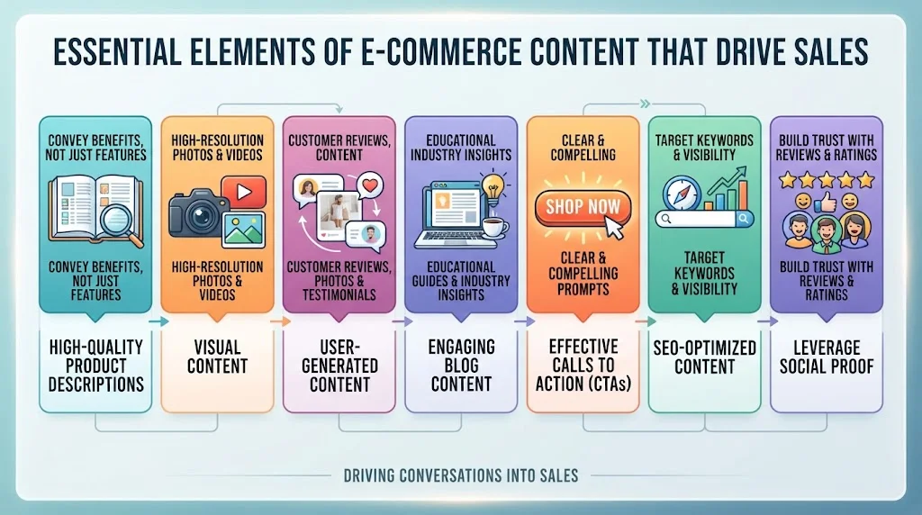 An infographic titled "Essential Elements of E-commerce Content that Drive Sales" featuring seven labeled columns with icons: Product Descriptions, Visual Content, User-Generated Content, Engaging Blog Content, Calls to Action, SEO-Optimized Content, and Social Proof. The text "Driving Conversations into Sales" is at the bottom.