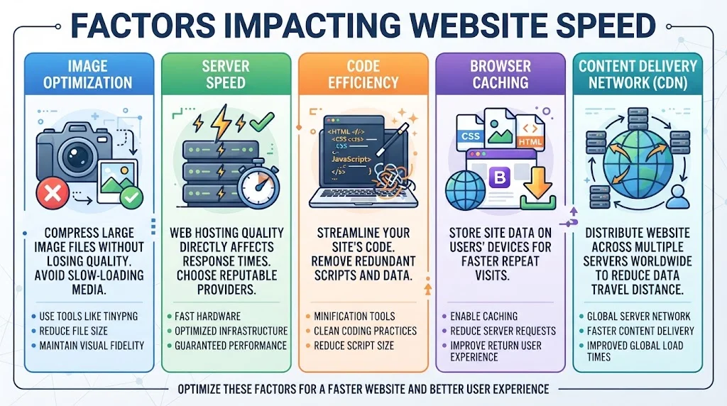 Infographic highlighting five key factors impacting website speed: image optimization, server speed, code efficiency, browser caching, and content delivery networks (CDNs).