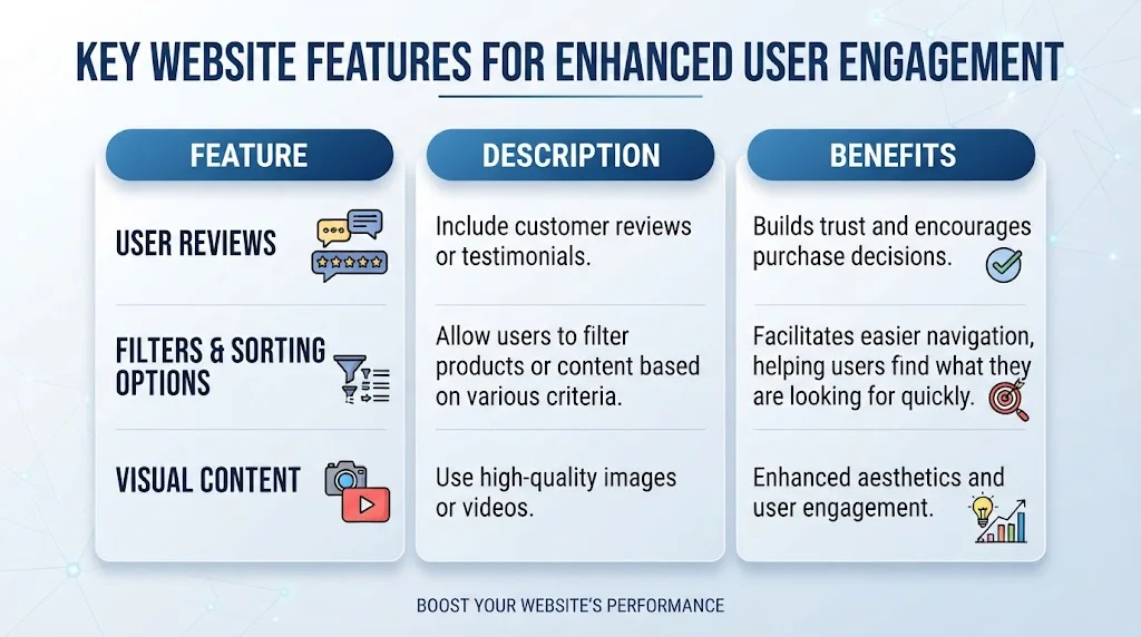 An infographic titled "KEY WEBSITE FEATURES FOR ENHANCED USER ENGAGEMENT" uses a three-column layout to detail "USER REVIEWS," "FILTERS & SORTING OPTIONS," and "VISUAL CONTENT."