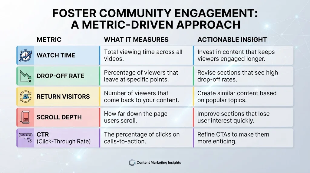 An infographic titled "FOSTER COMMUNITY ENGAGEMENT: A METRIC-DRIVEN APPROACH" displays a structured table mapping five metrics (Watch Time, Drop-off Rate, Return Visitors, Scroll Depth, and CTR) to what they measure and their respective actionable insights.