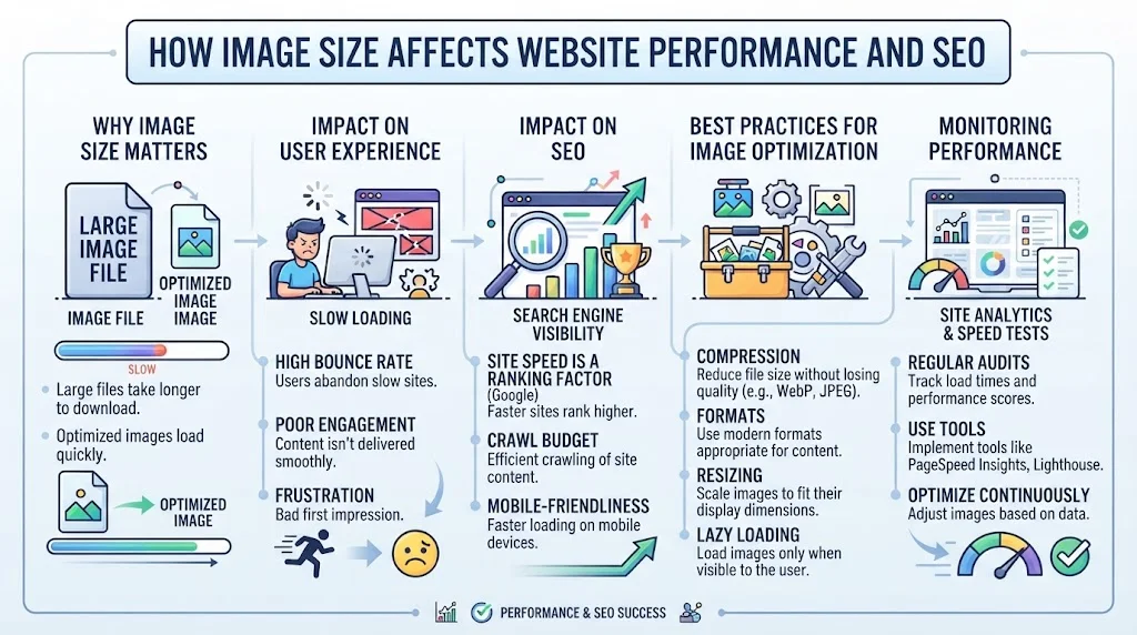 Infographic illustrating how image size affects website performance and SEO, detailing user experience impacts, optimization best practices, and performance monitoring.