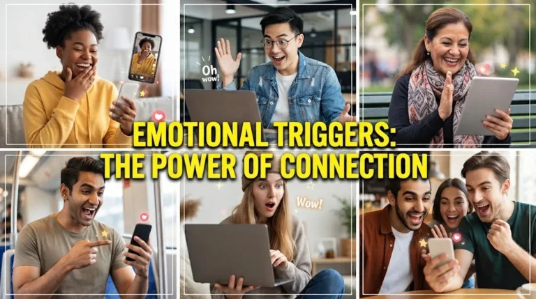 Six-panel collage of diverse people expressing excitement while looking at digital devices, with the text overlay "EMOTIONAL TRIGGERS: THE POWER OF CONNECTION" in the center.