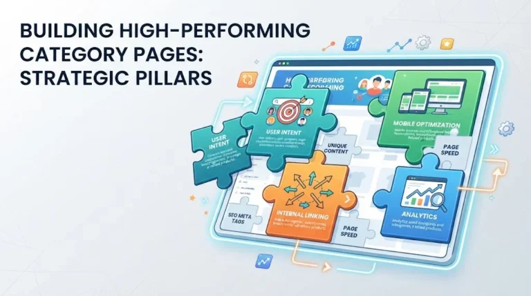 A digital illustration with a 16:9 ratio shows puzzle pieces assembling on a tablet screen to form a high-performing category page. The pieces represent User Intent, Mobile Optimization, Unique Content, Internal Linking, Analytics, SEO Meta Tags, and Page Speed.