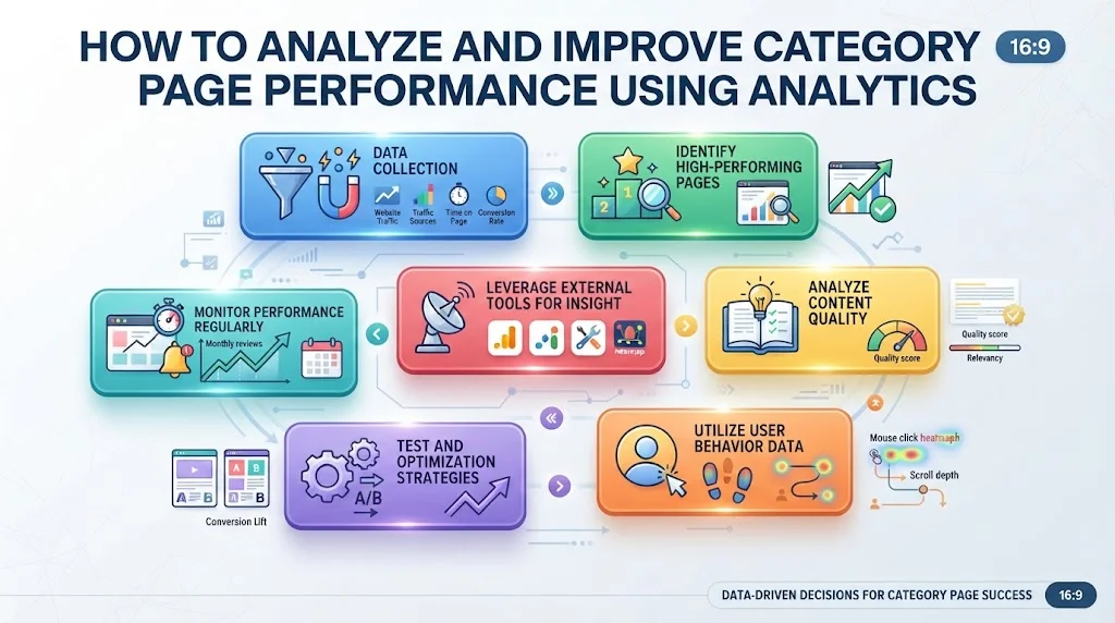 An infographic titled "HOW TO ANALYZE AND IMPROVE CATEGORY PAGE PERFORMANCE USING ANALYTICS" displays seven distinct, color-coded panels arranged in a circular flow.