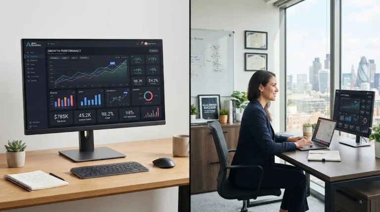 A split-screen image shows a data dashboard on a monitor at a desk on the left, and a professional woman working on a laptop in a sunny, high-rise office with a city skyline on the right.