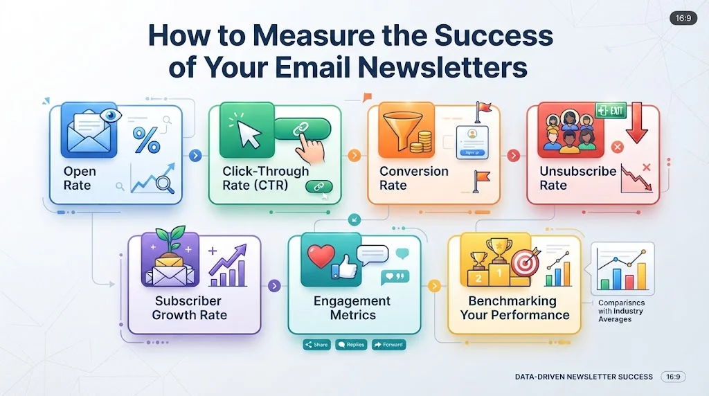 An infographic titled "How to Measure the Success of Your Email Newsletters" displays seven distinct, color-coded modules with icons and text labels