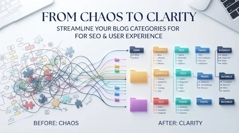 Infographic illustrating a transition from messy, tangled flowchart lines and puzzle pieces (labeled 'BEFORE: CHAOS') to a streamlined, organized hierarchy of color-coded folders (labeled 'AFTER: CLARITY') against a white background. The title text 'FROM CHAOS TO CLARITY' is at the top.