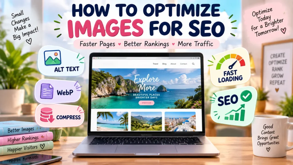Laptop displaying an image SEO dashboard with optimization icons for alt text, WebP, compression, fast loading, and SEO.