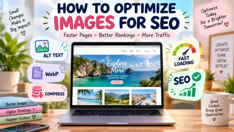 Laptop displaying an image SEO dashboard with optimization icons for alt text, WebP, compression, fast loading, and SEO.