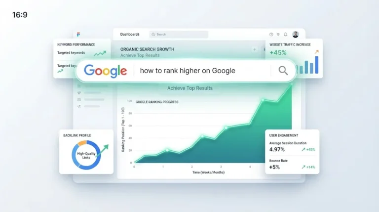 An analytics dashboard visualizing SEO growth, featuring an upward-trending line graph and a glowing Google search bar that reads "how to rank higher on Google."