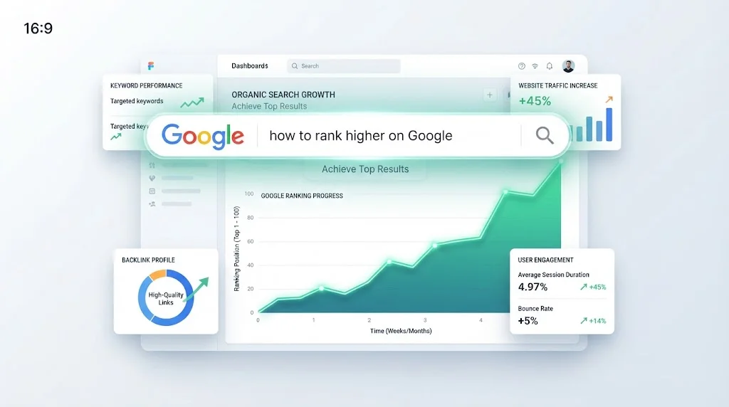 An analytics dashboard visualizing SEO growth, featuring an upward-trending line graph and a glowing Google search bar that reads "how to rank higher on Google."