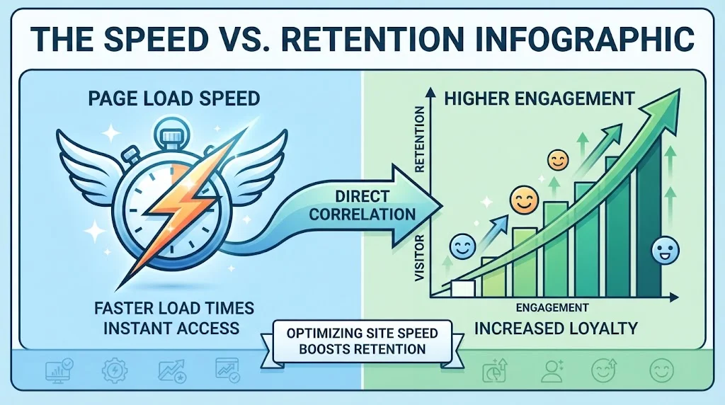 An infographic showing a winged stopwatch with a lightning bolt on the left connected by a correlation arrow to a rising bar chart with smiling faces on the right, illustrating that faster page load times lead to higher visitor retention and increased loyalty.