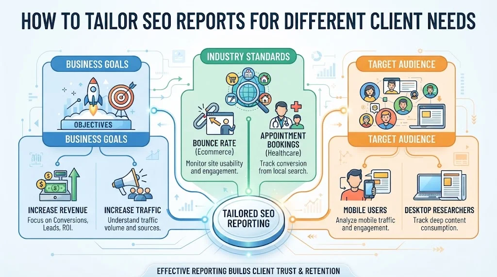An infographic titled "How to Tailor SEO Reports for Different Client Needs" in a 16:9 landscape format. It features three main, color-coded columns connected by glowing lines