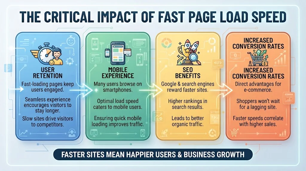 An infographic titled "The Critical Impact of Fast Page Load Speed" in a 16:9 landscape format. It consists of four vertical panels with rounded corners, connected by glowing lines and arrows, flowing from left to right.