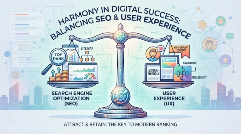 Digital illustration of a balanced scale representing the harmony between Search Engine Optimization (SEO) and User Experience (UX), featuring SEO icons on one side and UX elements on the other.