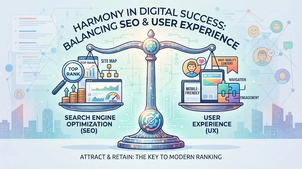 Digital illustration of a balanced scale representing the harmony between Search Engine Optimization (SEO) and User Experience (UX), featuring SEO icons on one side and UX elements on the other.