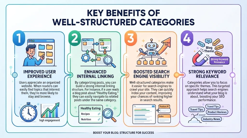Infographic detailing the four key benefits of well-structured categories: improved user experience, enhanced internal linking, boosted search engine visibility, and strong keyword relevance.