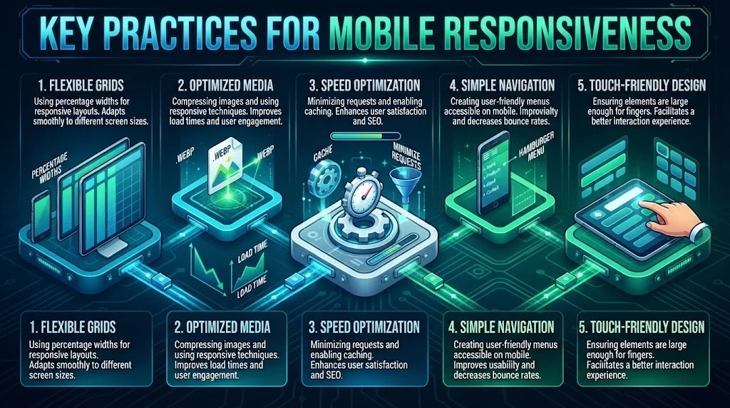 An isometric infographic titled 'KEY PRACTICES FOR MOBILE RESPONSIVENESS' detailing five core practices: Flexible Grids, Optimized Media, Speed Optimization, Simple Navigation, and Touch-Friendly Design, linked by glowing digital pathways