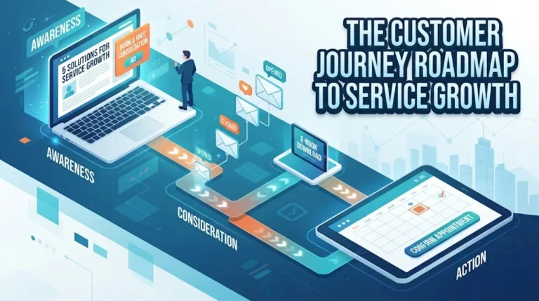 An isometric infographic roadmap showing a customer journey from laptop discovery (Awareness) through email nurturing (Consideration) to a calendar appointment (Action), with large overlay text reading "THE CUSTOMER JOURNEY ROADMAP TO SERVICE GROWTH."