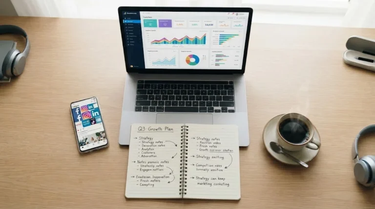 Flat-lay photograph of a modern entrepreneur's workspace with a laptop showing analytics, a smartphone displaying social media icons, a notebook with strategy notes, and a cup of coffee.