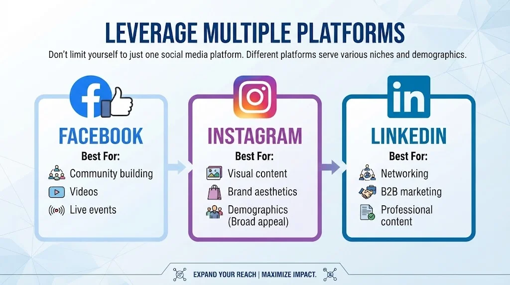 An infographic titled "Leverage Multiple Platforms" is shown, with three distinct boxes: Facebook (for Community Building, Videos, Live Events), Instagram (for Visual Content, Brand Aesthetics, Demographics), and LinkedIn (for Networking, B2B Marketing, Professional Content).