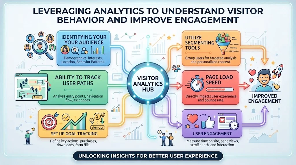 An infographic titled "Leveraging Analytics to Understand Visitor Behavior and Improve Engagement," featuring six illustrated modules connected by glowing lines to a central "Visitor Analytics Hub."