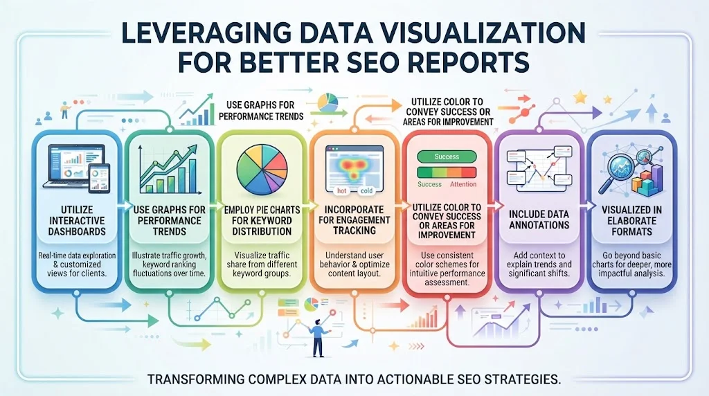 An infographic titled "Leveraging Data Visualization for Better SEO Reports," featuring seven illustrated modules in colored panels: Utilize Interactive Dashboards,