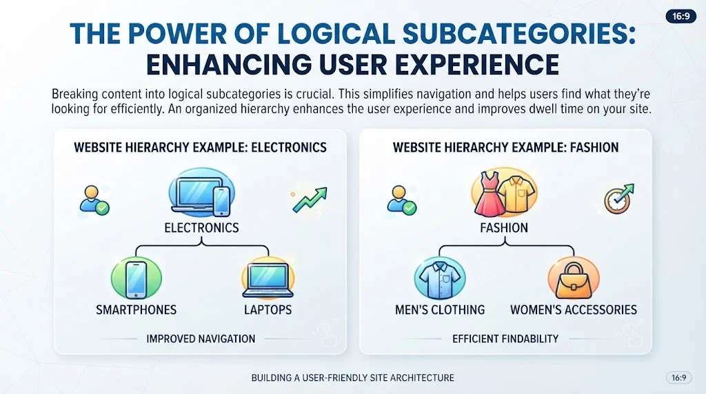 An infographic titled "THE POWER OF LOGICAL SUBCATEGORIES: ENHANCING USER EXPERIENCE" illustrates the benefit of organized content hierarchy.