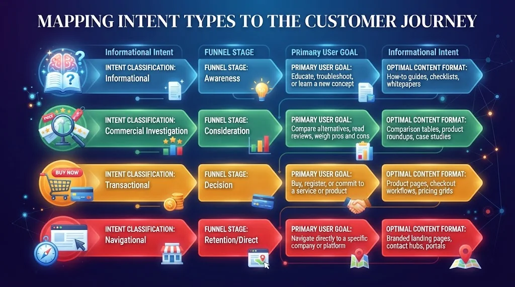 Infographic mapping four intent types (Informational, Commercial, Transactional, Navigational) to stages of the customer journey with goals and content formats.