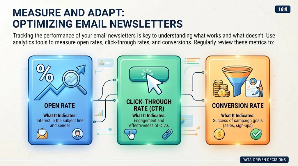 An infographic titled "MEASURE AND ADAPT: OPTIMIZING EMAIL NEWSLETTERS" illustrates three key metrics