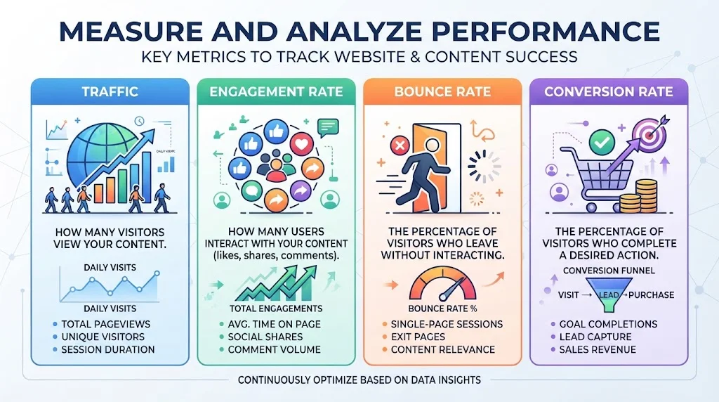 Infographic titled "MEASURE AND ANALYZE PERFORMANCE" with four columns: Traffic (globe, chart), Engagement Rate (likes, heart), Bounce Rate (person leaving door), and Conversion Rate (shopping cart, coin stack), each with descriptions.