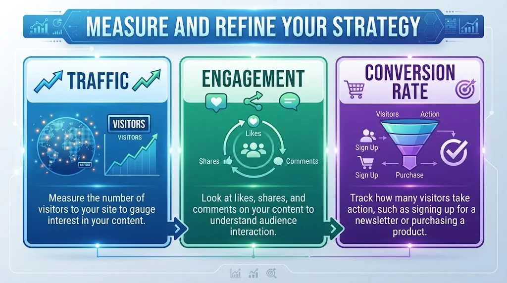 An infographic titled "Measure and Refine Your Strategy" featuring three sections: Traffic, Engagement, and Conversion Rate.