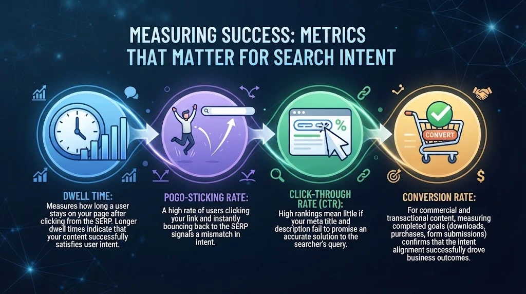 Infographic detailing key performance indicators for search intent: Dwell Time, Pogo-Sticking Rate, Click-Through Rate (CTR), and Conversion Rate.