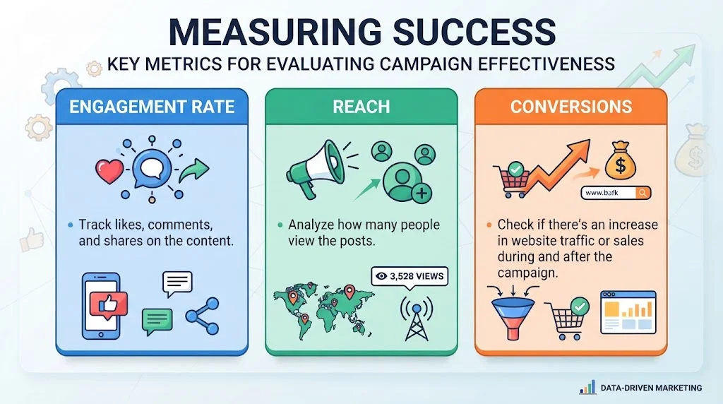 An infographic titled 'MEASURING SUCCESS' detailing three key campaign metrics in colored columns: Engagement Rate (likes, comments, shares with phone icon), Reach (total viewers with megaphone and world map), and Conversions (website traffic and sales with shopping cart and funnel).