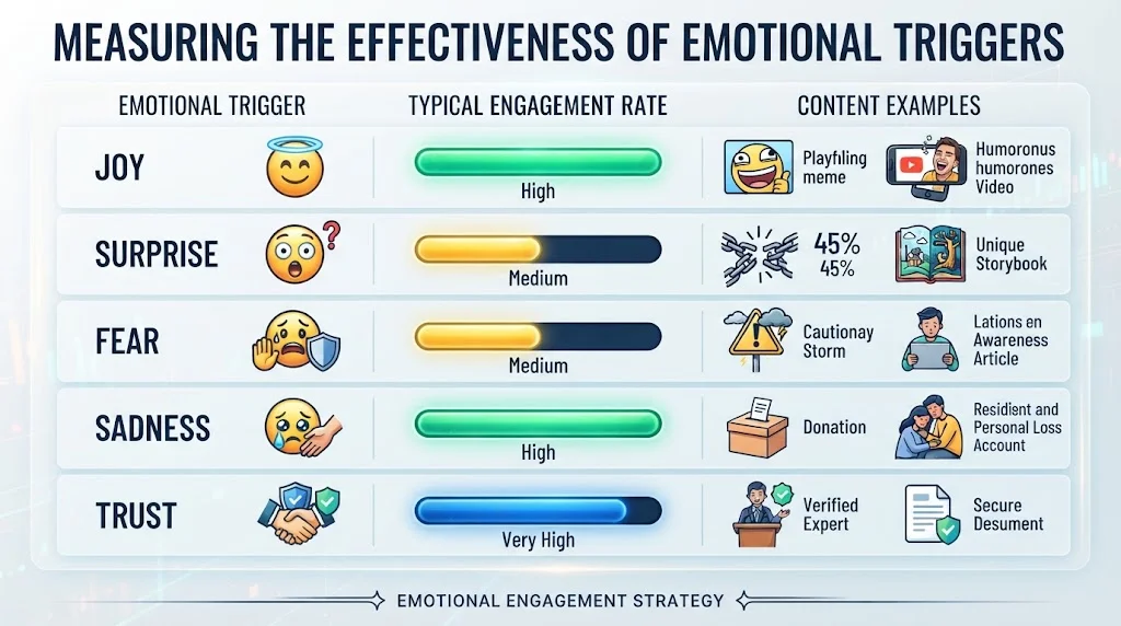 An infographic titled "MEASURING THE EFFECTIVENESS OF EMOTIONAL TRIGGERS" with columns for "EMOTIONAL TRIGGER", "TYPICAL ENGAGEMENT RATE" (visualized via progress bars), and "CONTENT EXAMPLES".