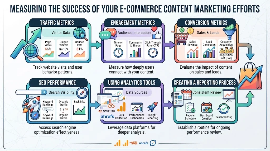 An infographic titled "MEASURING THE SUCCESS OF YOUR E-COMMERCE CONTENT MARKETING EFFORTS," featuring six sections covering Traffic Metrics, Engagement Metrics, Conversion Metrics, SEO Performance, Analytics Tools, and Reporting Processes.