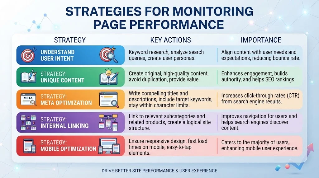 An infographic titled "STRATEGIES FOR MONITORING PAGE PERFORMANCE" is presented in a 16:9 ratio. It features a table with five color-coded rows