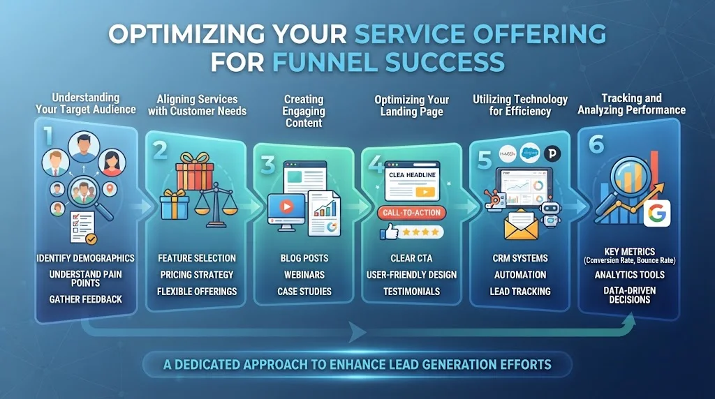 An infographic detailing the six steps to optimize a service offering for funnel success, ranging from understanding the target audience to tracking performance.