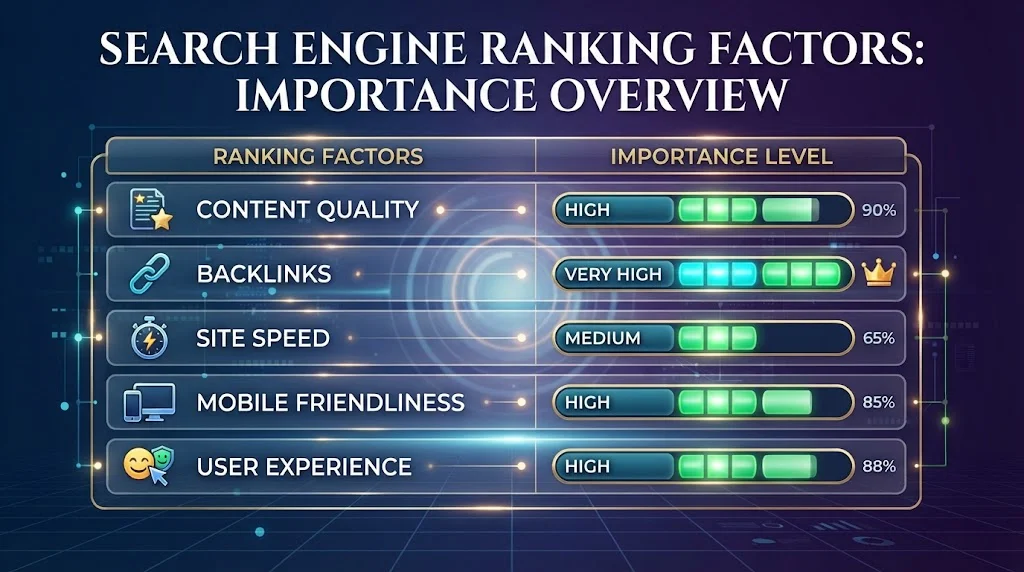 An infographic table titled "SEARCH ENGINE RANKING FACTORS: IMPORTANCE OVERVIEW" displaying the importance levels for Content Quality (High), Backlinks (Very High), Site Speed (Medium), Mobile Friendliness (High), and User Experience (High).