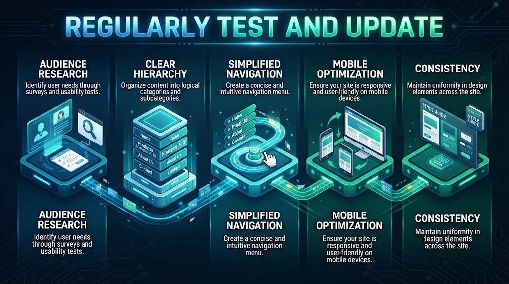 An isometric infographic titled 'REGULARLY TEST AND UPDATE' detailing five core practices: Audience Research, Clear Hierarchy, Simplified Navigation, Mobile Optimization, and Consistency, linked by glowing digital pathways.