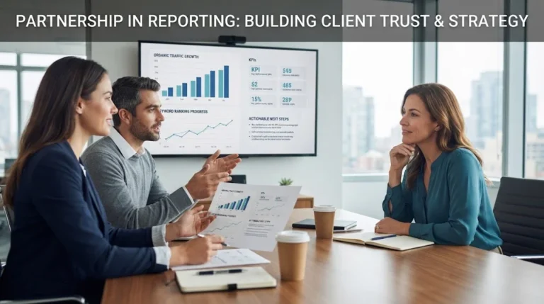 An infographic titled "The Importance of Clear Metrics in SEO Reporting" featuring four connected vertical panels: Organic Traffic, Keyword Rankings, Conversion Rate, and Bounce Rate